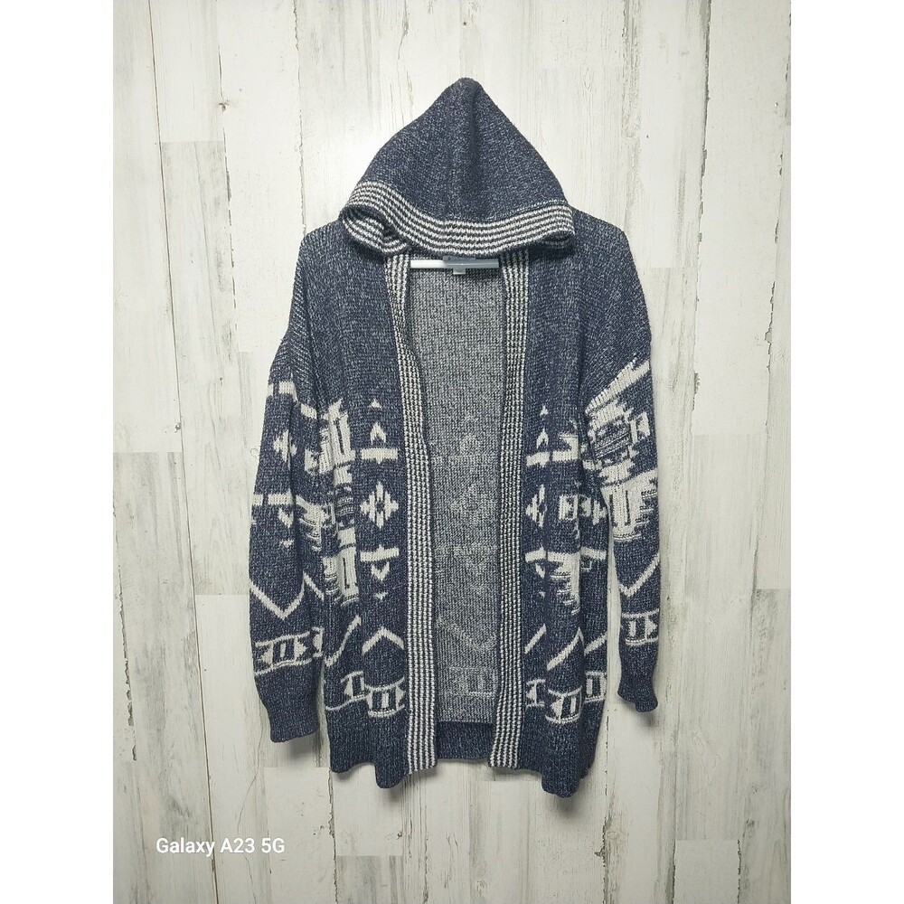 Market & Spruce Women's Medium Blue Aztec Hooded Open Front Cardigan